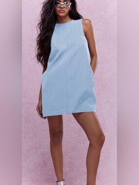 NEW Missguided Open Back Tie Shift Mini Dress Small Baby Blue Pockets Sleeveless